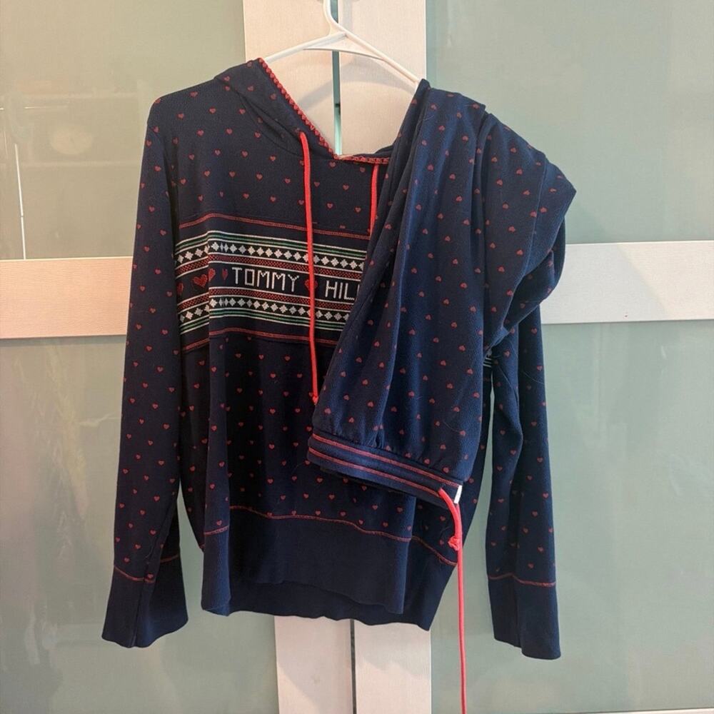 Tommy Hilfiger Women’s Lounge Set Navy Red Heart Print Hoodie & Pants Size Large